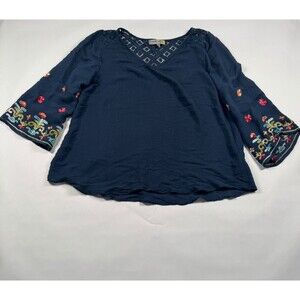 Vintage Figueroa & Flower Navy Embroidered Blouse Boho Floral Bell Sleeve Top